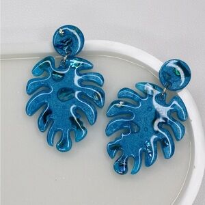 New Blue Monstera Resin Earrings With Real Shells